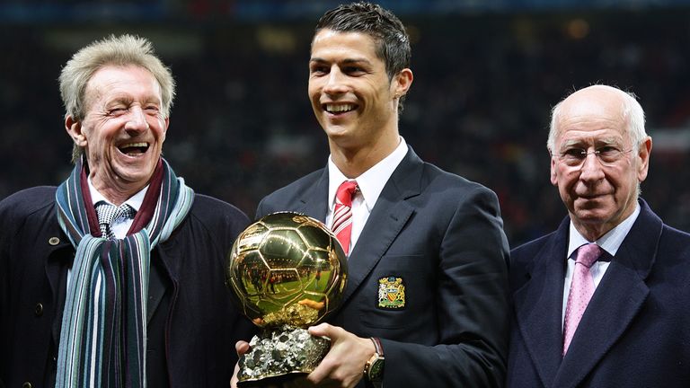 Cristiano Ronaldo poses with the Ballon d'Or in 2008 with Denis Law and Sir Bobby Charlton