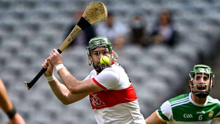 Gerald Bradley of Derry shoots to score Derry's first-half goal