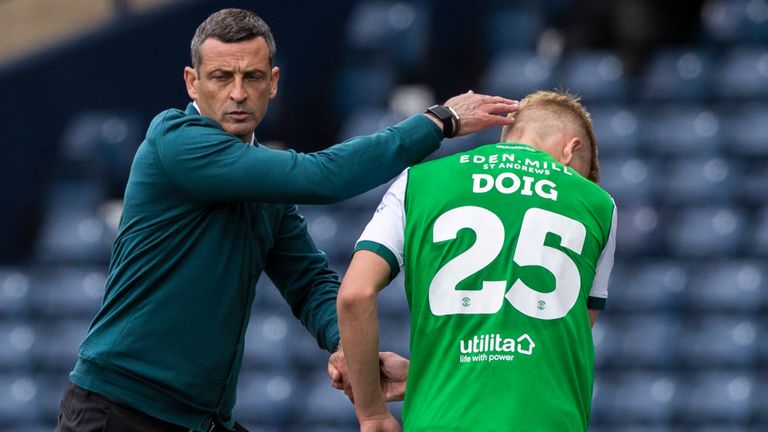 GLASGOW, SCOTLAND - MAY 22: Hibernian head coach Jack Ross (left) with Josh Doig during the Scottish Cup final match between Hibernian and St Johnstone at Hampden Park, on May 22, 2021, in Glasgow, Scotland. (Photo by Craig Williamson / SNS Group)