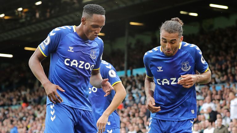 Everton's Dominic Calvert-Lewin (right) celebrates scoring from the penalty spot with Yerry Mina