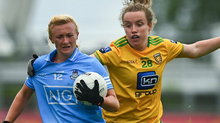2 August 2021; Carla Rowe of Dublin in action against Kate Keaney of Donegal during the TG4 All-Ireland Senior Ladies Football Championship Quarter-Final match between Dublin and Donegal at P..irc Se..n Mac Diarmada in Carrick-On-Shannon, Leitrim. Photo by E..in Noonan/Sportsfile 