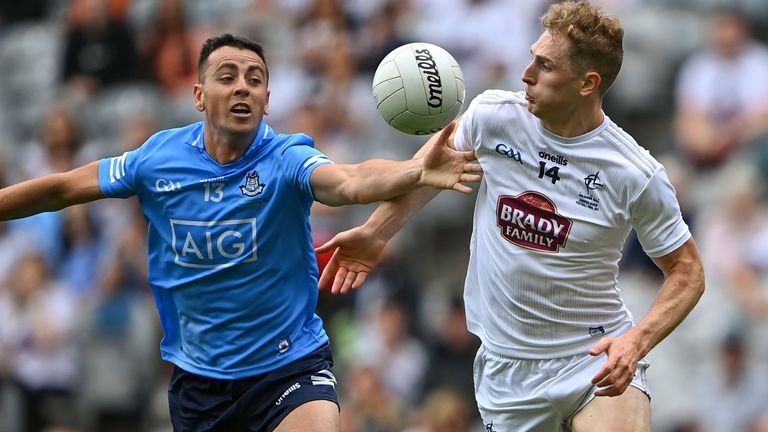 1 August 2021; Cormac Costello of Dublin in action against Daniel Flynn of Kildare during the Leinster GAA Football Senior Championship Final match between Dublin and Kildare at Croke Park in Dublin. Photo by Piaras .. M..dheach/Sportsfile