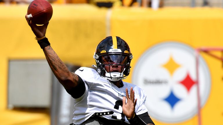 Steelers quarterback Dwayne Haskins throws during training camp. (Matt Freed/Post-Gazette via AP)
