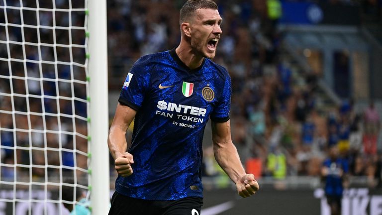 Edin Dzeko celebrates scoring in Inter's win over Genoa