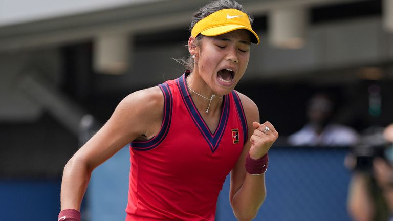 Emma Raducanu reacts during a qualifying match at the 2021 US Open, Friday, Aug. 27, 2021 in Flushing, NY. (Darren Carroll/USTA)