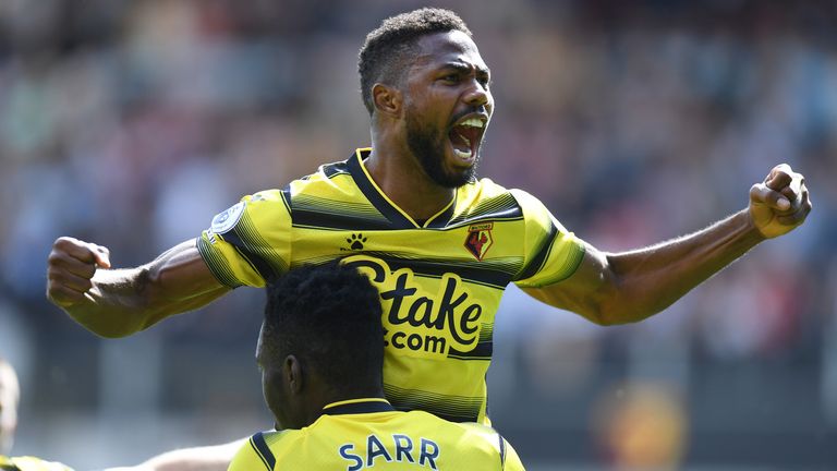 Emmanuel Dennis of Watford celebrates his first-half goal against Aston Villa