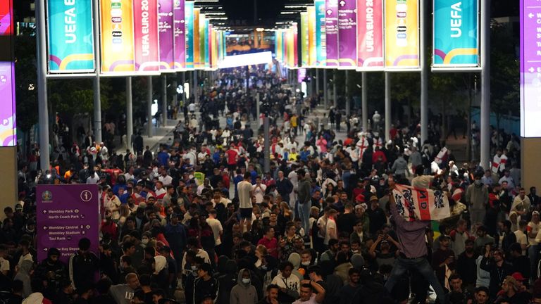 Fans leave Wembley at the end of the Euro 2020 final in which Italy beat England on penalties