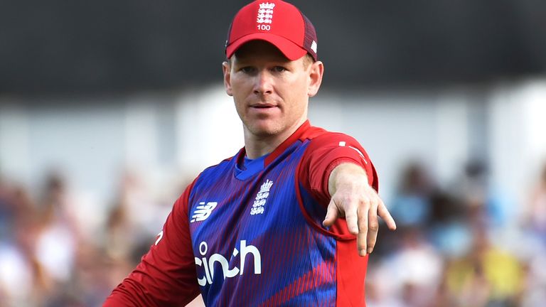 England captain Eoin Morgan during the first T20 international cricket match between England and Pakistan at Trent Bridge cricket ground in Nottingham, England, Friday, July 16, 2021. (AP Photo/Rui Vieira)..