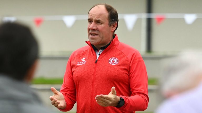 31 August 2021; Tyrone joint-manager Feargal Logan speaking to members of the media during a Tyrone senior football media conference at Tyrone GAA Centre in Garvaghey, Tyrone. Photo by E..in Noonan/Sportsfile