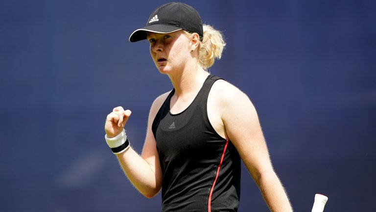 Great Britain&#39;s Francesca Jones reacts during day three of the Viking Open at Nottingham Tennis Centre. Picture date: Monday June 7, 2021.