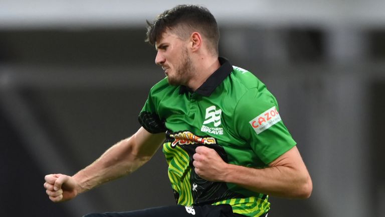 Brave bowler George Garton celebrates after dismissing Rockets batter D'Arcy Short 