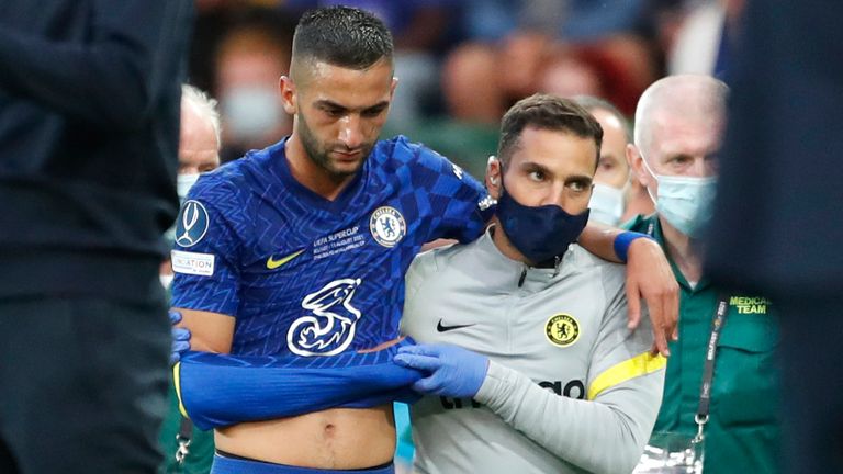 Chelsea's Hakim Ziyech leaves the pitch after an injury during the UEFA Super Cup match between Chelsea and Villarreal at Windsor Park in Belfast