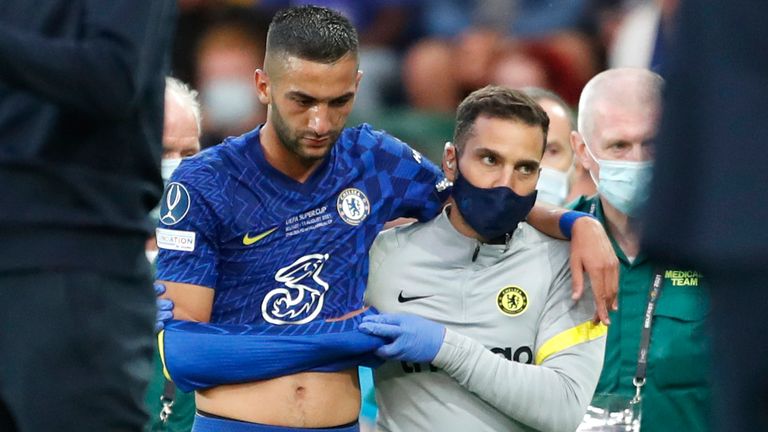 Chelsea&#39;s Hakim Ziyech leaves the pitch after an injury during the UEFA Super Cup match between Chelsea and Villarreal at Windsor Park in Belfast