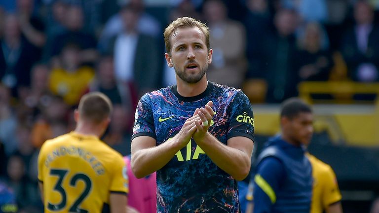 Tottenham&#39;s Harry Kane walks off the pitch at the end of the English Premier League soccer match between Wolverhampton Wanderers and Tottenham Hotspur at Molineux stadium in Wolverhampton, England, Sunday, Aug. 22, 2021.