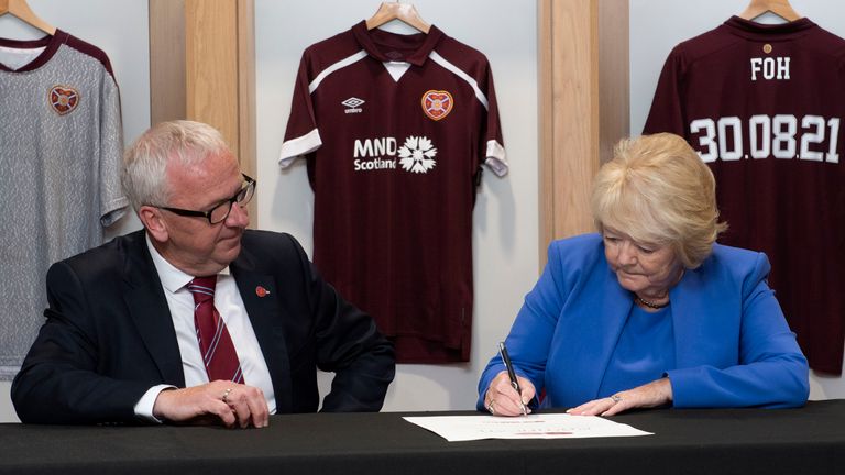 Chair of Heart of Midlothian, Ann Budge, and Chairman of the Foundation of Hearts, Stuart Wallace are pictured with the Heart and Soul Day certificate as Heart of Midlothian officially become the biggest fan-owned club in British football