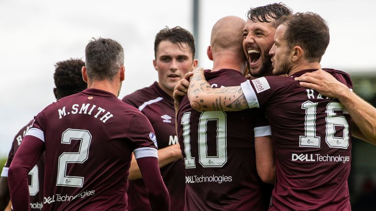 PAISLEY, SCOTLAND - AUGUST 07: Hearts' Liam Boyce celebrates his goal making it 2-0 with teammates during a cinch Premiership match between St Mirren and Hearts at SMISA Stadium, on August 07, 2021, in Paisley, Scotland (Photo by Alan Harvey / SNS Group)