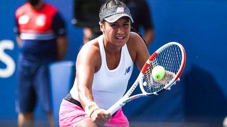MONTREAL, QC - AUGUST 08: Heather Watson (GBR) returns the ball during the qualifying WTA National Bank Open match on August 8, 2021 at IGA Stadium in Montreal, QC (Photo by David Kirouac/Icon Sportswire)