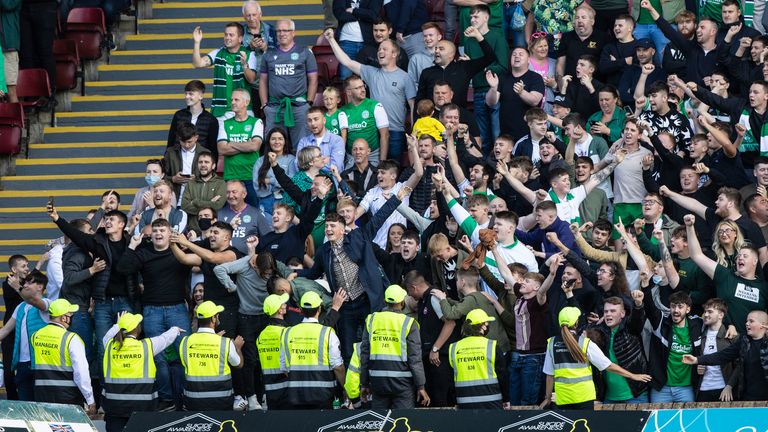 2,000 Hibernian fans celebrate the win over Motherwell