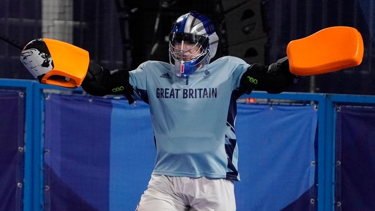 Britain's Maddie Hinch (1) celebrates after Britain defeated Spain in a shoot-out during a women's field hockey match at the 2020 Summer Olympics, Monday, Aug. 2, 2021, in Tokyo, Japan. (AP Photo/John Minchillo)