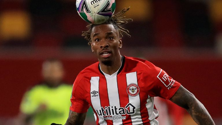 Brentford's Ivan Toney follows the ball during the EFL Cup soccer match between Brentford and Newcastle United at Brentford Community Stadium in London, England, Tuesday, Dec. 22, 2020. (Adam Davy/Pool via AP)