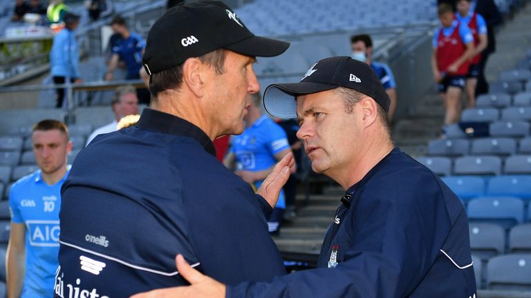 1 August 2021; Kildare manager Jack O'Connor congratulates his opposite number Dessie Farrell after the Leinster GAA Football Senior Championship Final match between Dublin and Kildare at Croke Park in Dublin. Photo by Ray McManus/Sportsfile