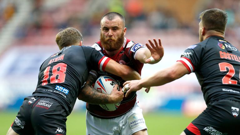 Jake Bibby takes on the Salford defence