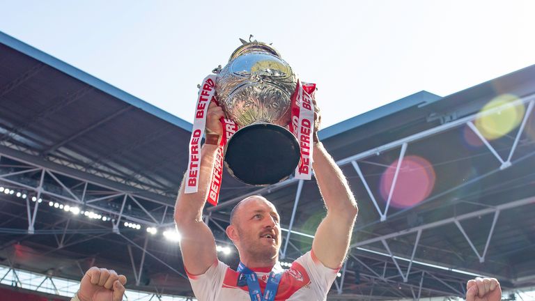 James Roby lifts the Challenge Cup after St Helens win the 2021 final against Castleford at Wembley