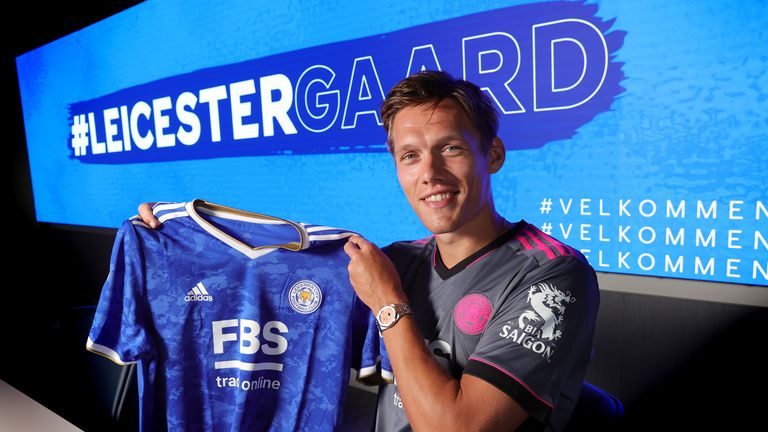 Jannik Vestergaard poses after signing for Leicester City