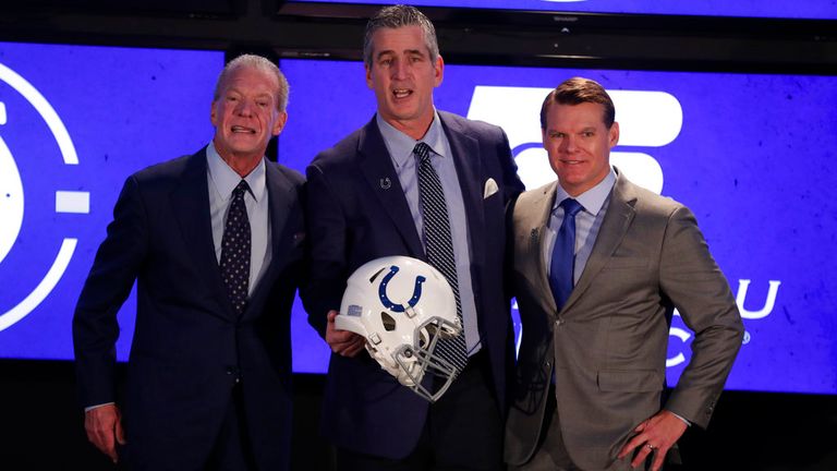 Indianapolis Colts head coach Frank Reich, center, poses with owner Jim Irsay, left, and general manager Chris Ballard after he was introduced at the team's new had football coach during a press conference in Indianapolis, Tuesday, Feb. 13, 2018. (AP Photo/Michael Conroy)