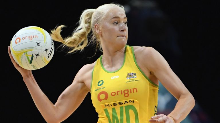 Joanna Weston looks to pass the ball during a Test match between the Australia Diamonds and the New Zealand Silver Ferns