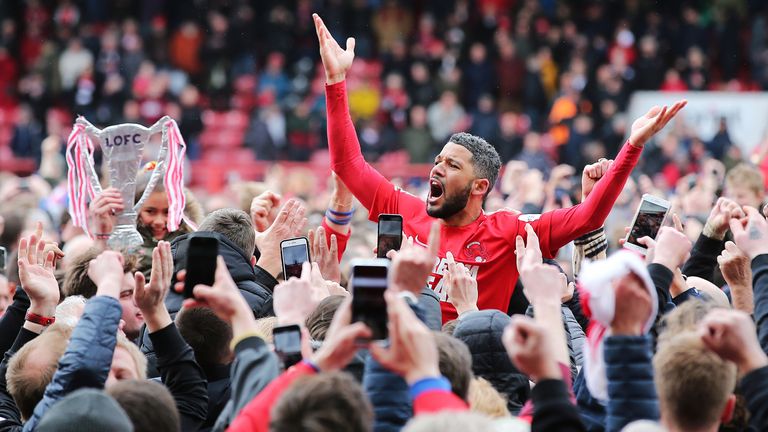 Jobi McAnuff celebrates as Leyton Orient are promoted back to the Football League as champions of the National League in 2019