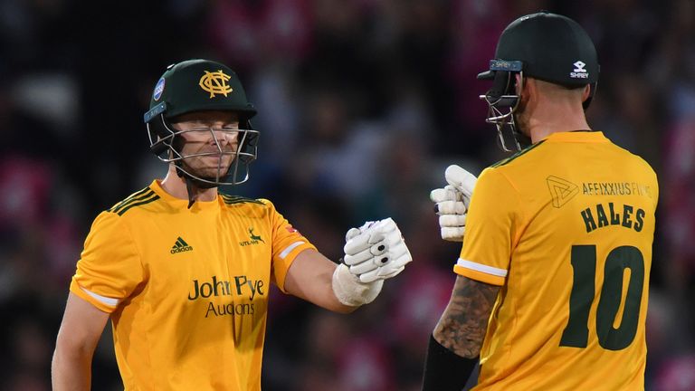 Joe Clarke of Notts Outlaws celebrates hitting a six with Alex Hales of Notts Outlaws during the Vitality T20 Blast Quarter Final match between Notts Outlaws and Hampshire Hawks at Trent Bridge 