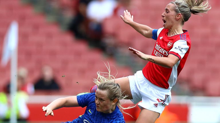 Arsenal midfielder Jordan Nobbs was caught in a challenge from Chelsea's Erin Cuthbert during the pre-season friendly at the Emirates