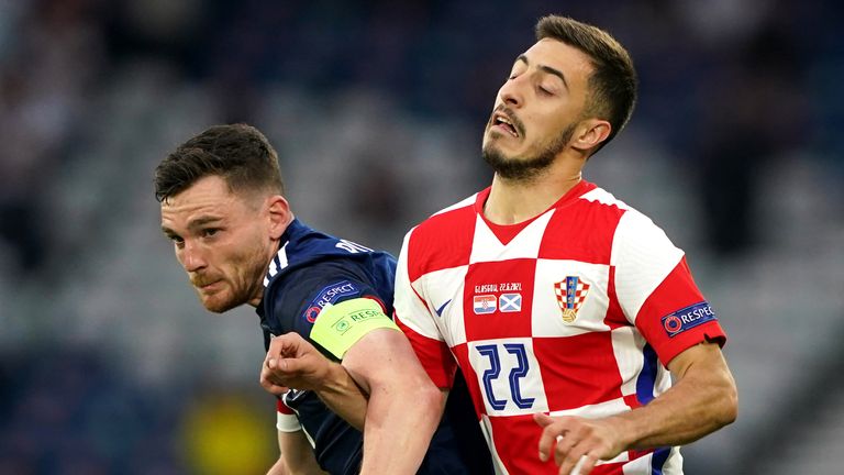 Josip Juranovic (right) in action for Croatia against Scotland captain Andy Robertson at Euro 2020