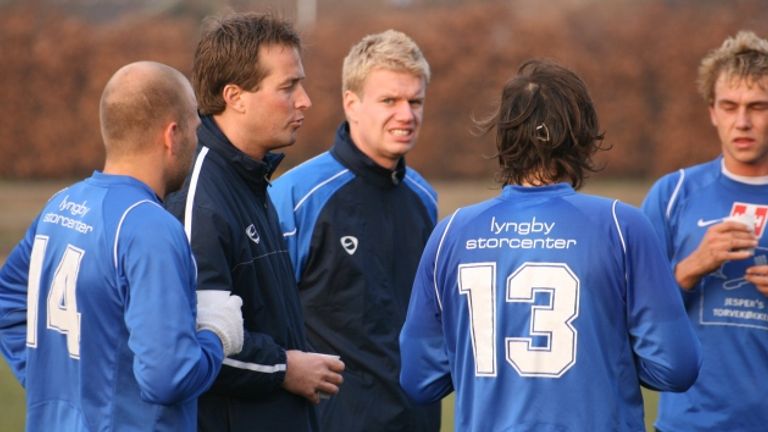 Kasper Hjulmand and Johan Lange oversee a training session at Lyngby