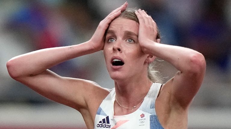 Keely Hodgkinson reacts after her second place finish in the final of the women's 800m. (AP Photo/David Goldman)