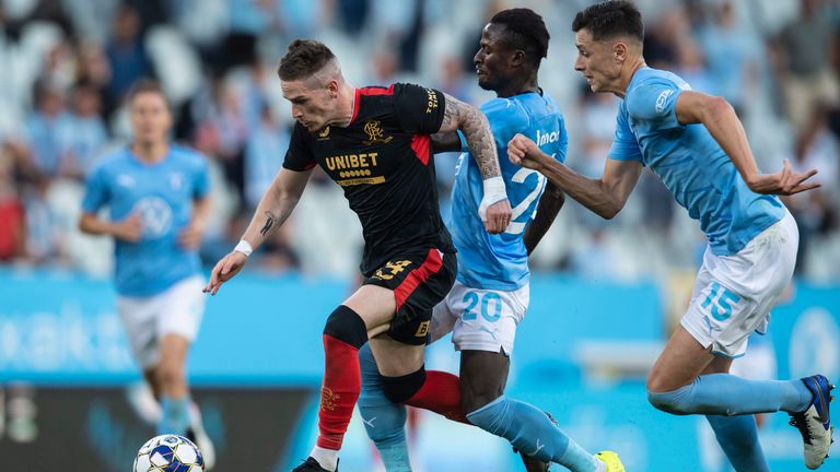 MALMO, SWEDEN - AUGUST 03: Rangers' Ryan Kent (left) ic challenged by Bonke Innocent during a Champions League qualifier between Malmo and Rangers at the Eleda Stadion, on August 03, 2021, in Malmo, Sweden. (Photo by Christoffer Borg Mattisson / SNS Group)
