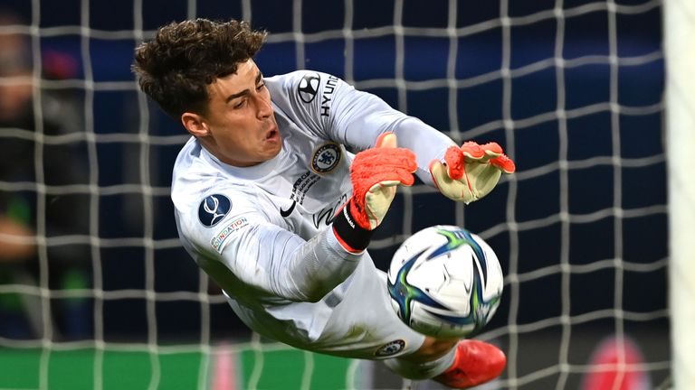 Kepa Arrizabalaga of Chelsea saves from Aissa Mandi of Villarreal in the shootout during the UEFA Super Cup 2021 match between Chelsea FC and Villarreal CF at the National Football Stadium at Windsor Park