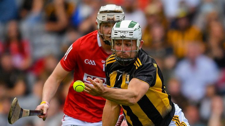 8 August 2021; Padraig Walsh of Kilkenny is tackled by Shane Barrett of Cork during the GAA Hurling All-Ireland Senior Championship semi-final match between Kilkenny and Cork at Croke Park in Dublin. Photo by Ray McManus/Sportsfile