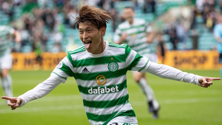 Celtic's Kyogo Furuhashi celebrates making it 1-0 vs Dundee