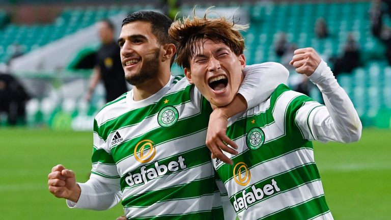 Celtic's Kyogo Furuhashi celebrates making it 4-0 with Liel Abada during a cinch Premiership match between Celtic and Dundee at Celtic Park