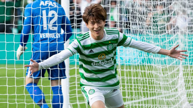 GLASGOW, SCOTLAND - AUGUST 18: Celtic's Kyogo Furuhashi celebrates making it 1-0 during a UEFA Europa League qualifier between Celtic and AZ Alkmaar at Celtic Park, on August 18, 2021, in Glasgow, Scotland. (Photo by Ross Parker / SNS Group)