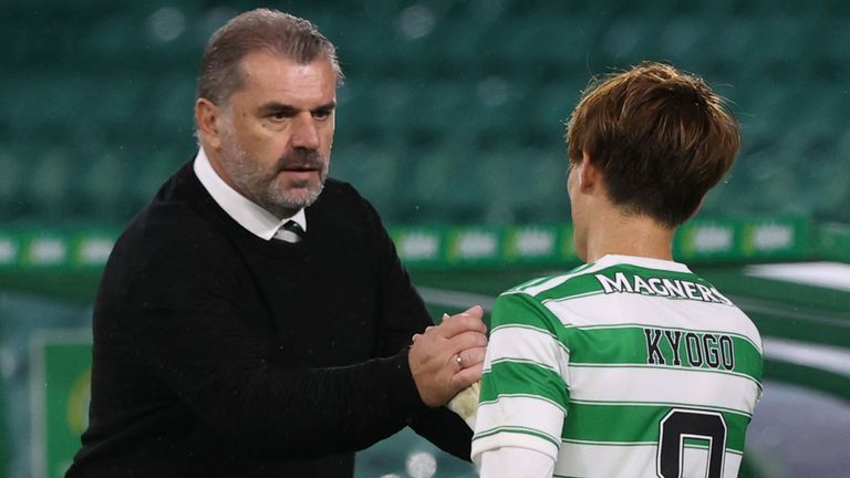 GLASGOW, SCOTLAND - AUGUST 12: Celtic Manager Ange Postecoglou with Celtic...s Kyogo Furuhashi during a UEFA Europa League 2nd Leg Qualifer between Celtic and Jablonec at Celtic Park, on August 12, 2021, in Glasgow, Scotland. (Photo by Craig Williamson / SNS Group)