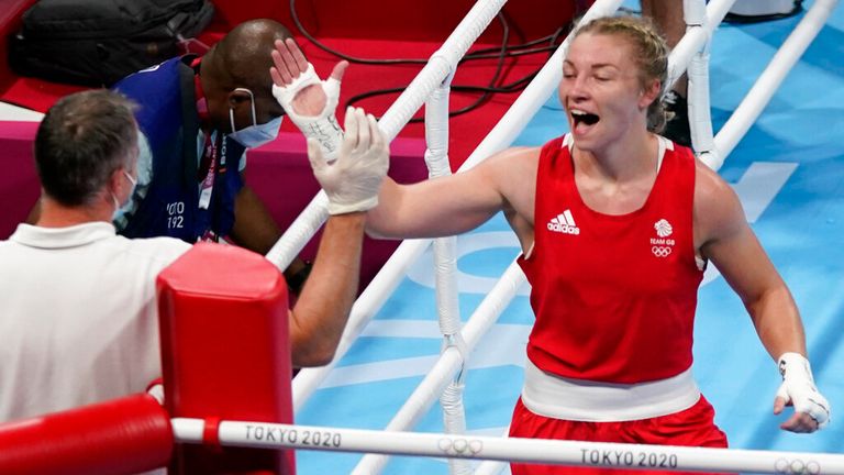 Britain...s Lauren Price, right, after her women...s middleweight 75-kg boxing match with Nouchka Fontlijn, of the Netherlands at the 2020 Summer Olympics, Friday, Aug. 6, 2021, in Tokyo, Japan. (AP Photo/Frank Franklin II)                       