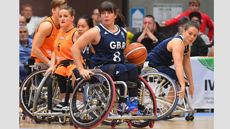 HAMBURG, GERMANY - AUGUST 25: Laurie Williams of Great Britain in action in the Women's final between Netherlands and Great Britain during the Wheelchair Basketball World Championships at the edel-optics.de Arena on August 25, 2018 in Hamburg, Germany. (Photo by Moto Yoshimura/Getty Images)
