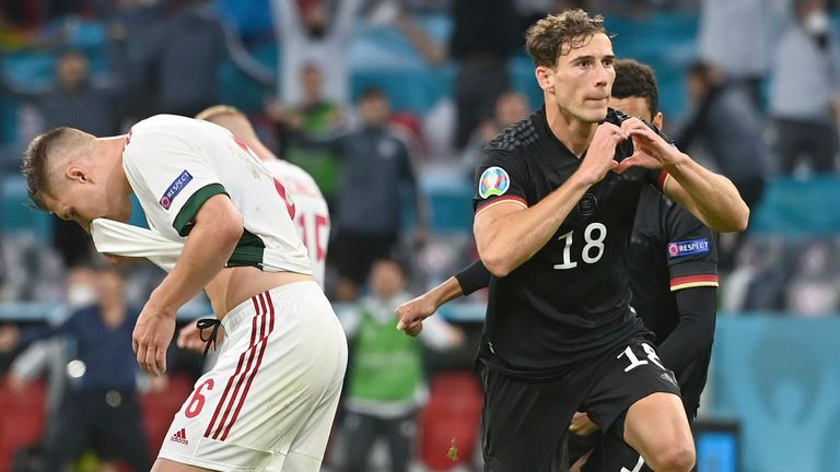 goaljubel Leon GORETZKA (GER) after goal zum 2-2 li, Willi ORBAN (HUN), jubilation, joy, enthusiasm, action. Group stage, preliminary round group F, game M36, Germany (GER) - Hungary (HUN) 2-2, on June 23, 2021 in Muenchen / Germany, Soccer Arena (Alliianz Arena). Football EM 2020 from 06/11/2021 to 07/11/2021. Photo by: Frank Hoermann/SVEN SIMON/picture-alliance/dpa/AP Images