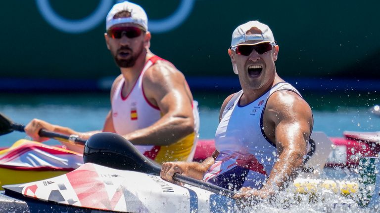 Liam Heath reacts after his bronze medal finish in men's kayak single 200m final