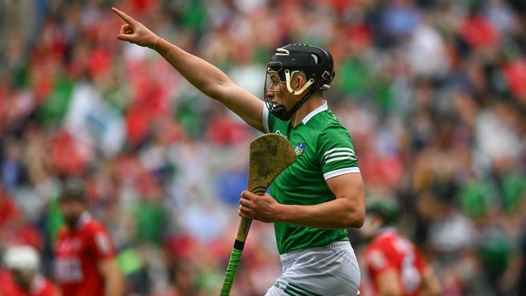 22 August 2021; Gearoid Hegarty of Limerick celebrates after scoring his side's first goal during the GAA Hurling All-Ireland Senior Championship Final match between Cork and Limerick in Croke Park, Dublin. Photo by Harry Murphy/Sportsfile