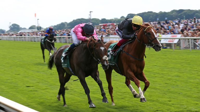 Spanish Mission, left, is beaten by Stradivarius in a thrilling finish to the Lonsdale Cup at York