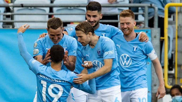 Malmo's Vejko Birmancevic celebrates his goal to make it 2-0